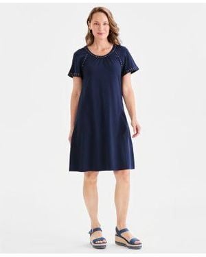 Style & Co. Style Co Embellished Knit Flutter Sleeve Dress Macys Exclusive - Blue