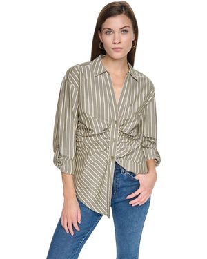 DKNY Ruched Roll-tab Sleeve Button-front Shirt - Natural