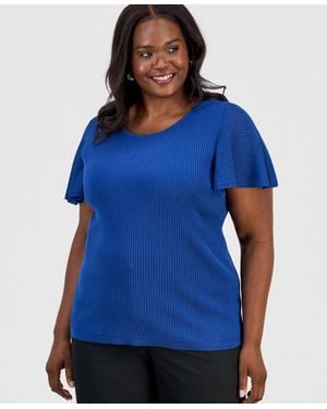 Kasper Plus Size Ribbed Flutter-sleeve Sweater - Blue