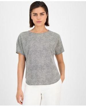 Anne Klein Printed Boat Neck Short Sleeve Top P Xxs Xxl - Gray