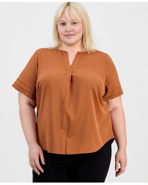 Anne Klein Essentials Plus Pleated-sleeve Split-neck Top - Brown