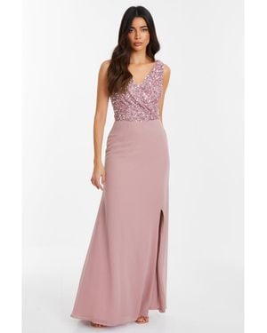 Quiz Chiffon Embellished Wrap Maxi Dress - Pink