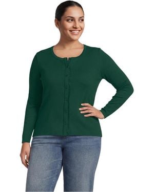 Lands' End Plus Size Long-sleeve Ribbed Crewneck Cardigan - Green