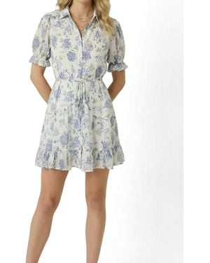Modenaire Floral Tie-waist Ruffle-hem Shirt Dress - Blue
