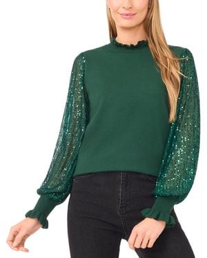 Cece Ruffle Trim Sequin Long Sleeves Sweater - Green
