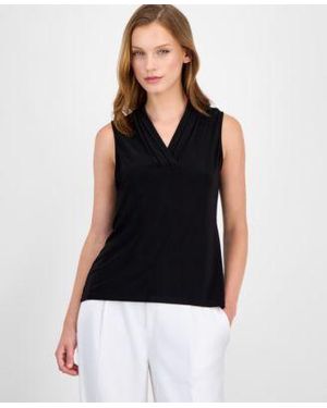 Anne Klein Sleeveless Pleated V Neck Shell Top P Xxs Xxl - Black