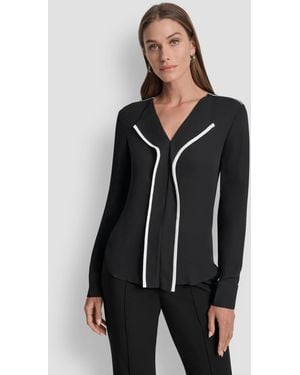 DKNY Long Sleeve Trimmed Lapel Blouse - Black