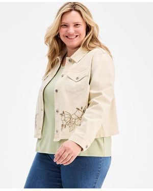 Style & Co. Plus Size Cropped Embroidered Denim Jacket - Natural