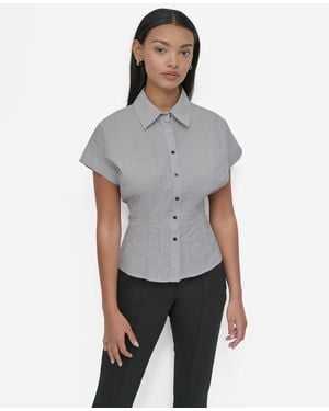 DKNY Petite Collared Cap-sleeve Blouse - Gray