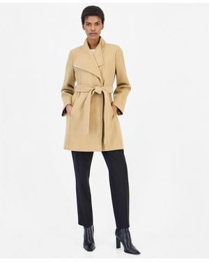 Calvin Klein Wing Collar Belted Wrap Coat - Natural
