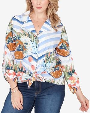 Ruby Rd. Plus Size Picnic Print Poplin Tied Snap Front Top - Blue