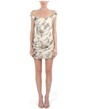 Nocturne Abstract Print Off Shoulder Ruched Mini Dress - White