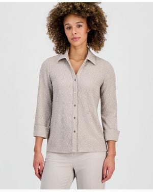 Kasper 3q Button Frt Top With Split Cuff - Gray