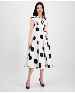 Tahari Dot-print Belted Fit & Flare Dress - White