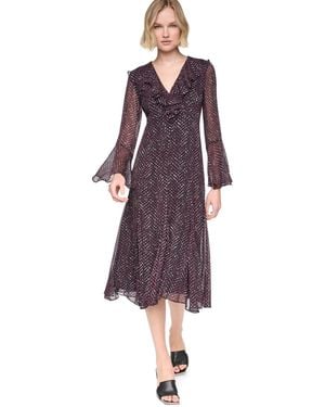 DKNY Long Bell Sleeve V-neck Ruffle Godet Midi Dress - Purple