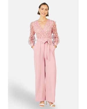 Yumi' Sash Waist Floral Applique Wrap Jumpsuit - Pink