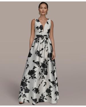 Donna Karan Short Sleeve V-neck Floral Print Mikado Gown - White