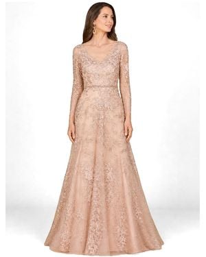 Lara Long Sleeve V-neck Lace Gown - Pink