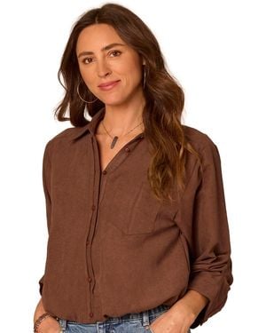 Democracy Petite Ruched-sleeve Bubble-hem Shirt - Brown