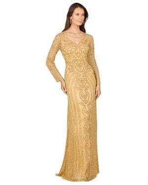 Lara V Neck Beaded Long Sleeve Dress - Metallic