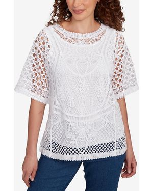 Ruby Rd. Petite Floral Blocked Crochet Sweater - Gray