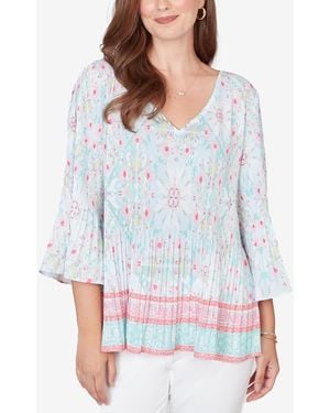 Ruby Rd. Petite Pleated Tapestry Print Bell Sleeve Blouse - White