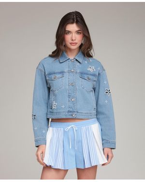 Avec Les Filles Embroidered Detail Collared Denim Jacket - Blue