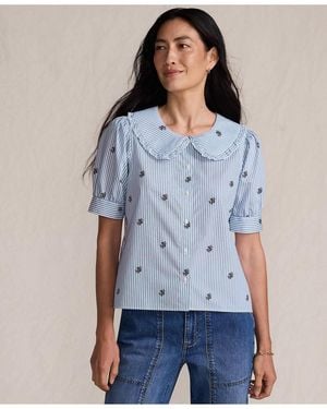 Lands' End Carefree Cotton Puff Sleeve Statement Collar Shirt - Blue