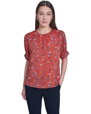 Tommy Hilfiger Floral Crew Neck Puff-sleeve Top - Red
