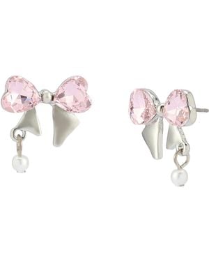 Betsey Johnson Faux Stone Heart Bow Cultivated Pearl Stud Earrings - Pink