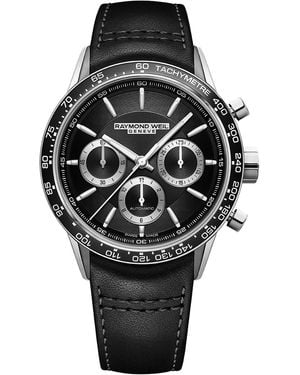Raymond Weil Swiss Automatic Chronograph Freelancer Leather Strap Watch 44mm - Black