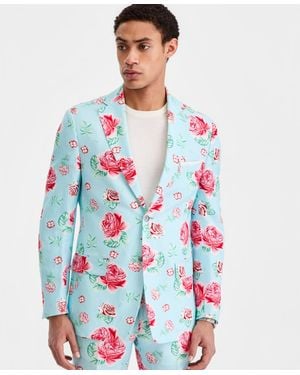 Tallia Slim-fit Linen-blend Patterned Blazer - Blue