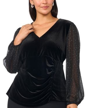 Msk Plus Size Surplice Velvet Ruched Long-sleeve Blouse - Black