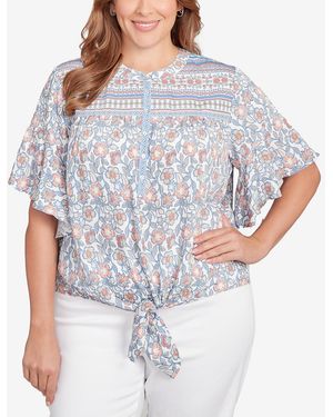 Ruby Rd. Plus Size Vintage Floral Tie Front Henley Top - Gray