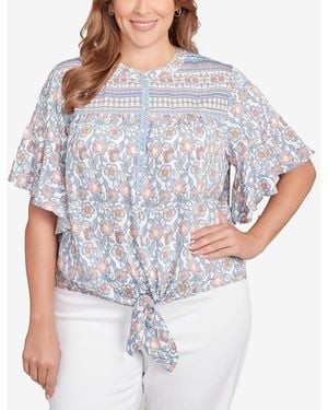 Ruby Rd. Plus Size Vintage Floral Tie Front Henley Top - Gray