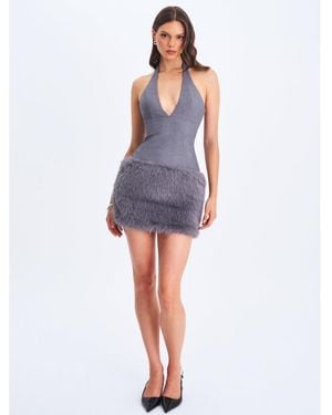 Miss Circle Daisy Drop Waist Fur Trim Halter Mini Dress - Blue