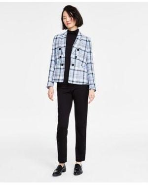 Jones New York Faux Double Breasted Jacket Long Sleeve Mock Neck Top Pull On High Double Wide Waistband Straight Leg Pants - White