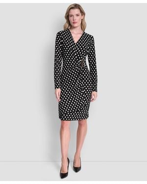 DKNY Long Sleeve Faux Wrap Polka Dot Knee Length Dress in Blue | Lyst