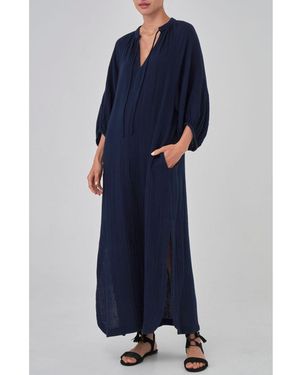 ocean + main Ocean+main Ocean+main Avery Long Tie Neck Dress Gauze Caftan - Blue