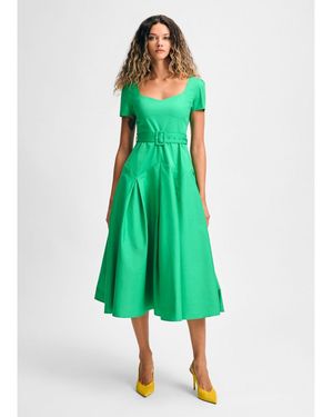 Isaac Mizrahi New York Pleated Short Sleeve Belted Midi Dress - Green