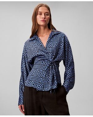 Calvin Klein Printed Long Sleeve Wrap Top - Blue