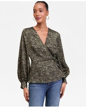 INC International Concepts Printed Blouson-sleeve Wrap Blouse - Gray