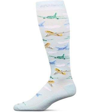 Memoi Airplanes Compression Knee-high Reinforced Heel And Toe Socks - Blue