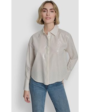 DKNY Logo Embroidery And Sequin Button-front Shirt - Blue