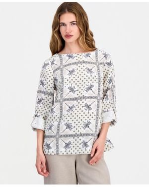 Charter Club Petite 100% Linen Cuffed Top - White