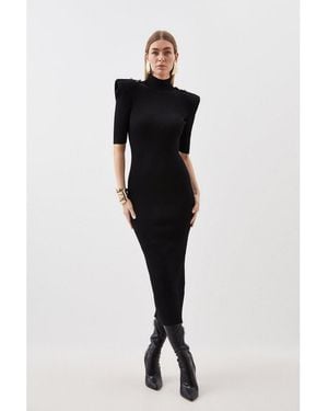 Karen Millen Rib Knit Power Shoulder Maxi Dress - White