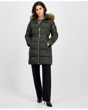 Michael Kors Michael Belted Hooded Faux-fur-trim Puffer Coat - Green