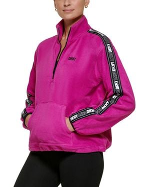 DKNY Plus Size Sleeve Logo Tape Quarter Zip Fleece Pullover - Pink