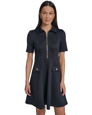 Tommy Hilfiger Short-sleeve Textured Knit Front Zipper Shift Dress - Blue
