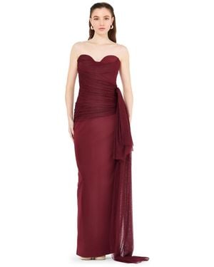 Amiri Sweetheart Ruched Tulle Column Gown In Crepe - Red